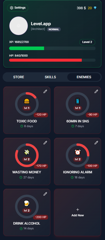 Level.app — Enemies screen